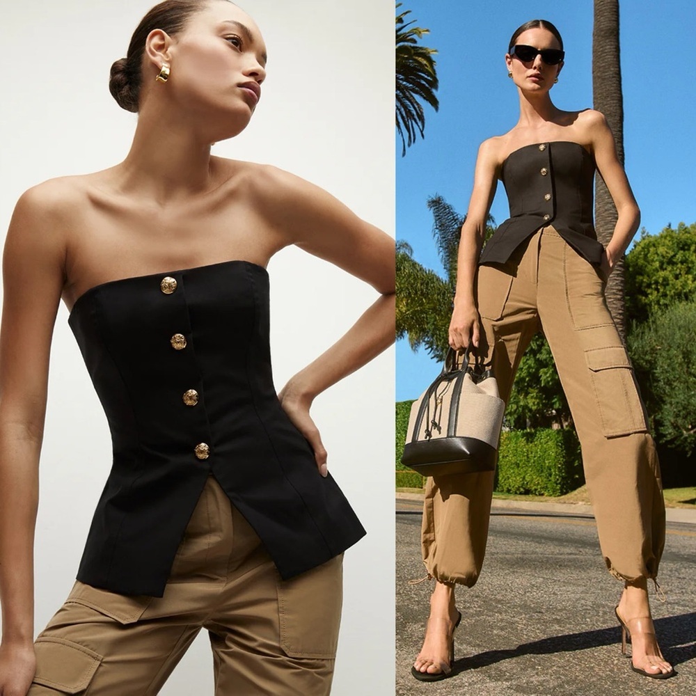 Veronica Beard Forman Bustier Strapless Top Black Gold Buttons